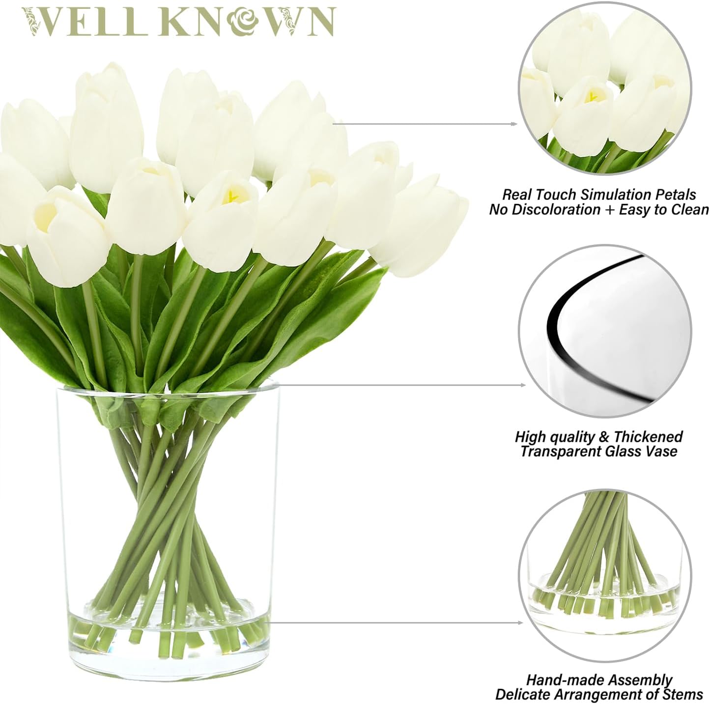WELL KNOWN 20 piezas de tulipanes blancos artificiales en jarrón, flores falsas en jarrón de vidrio, tulipanes falsos de tacto real en jarrón con agua sintética para decoración del hogar, mesa de