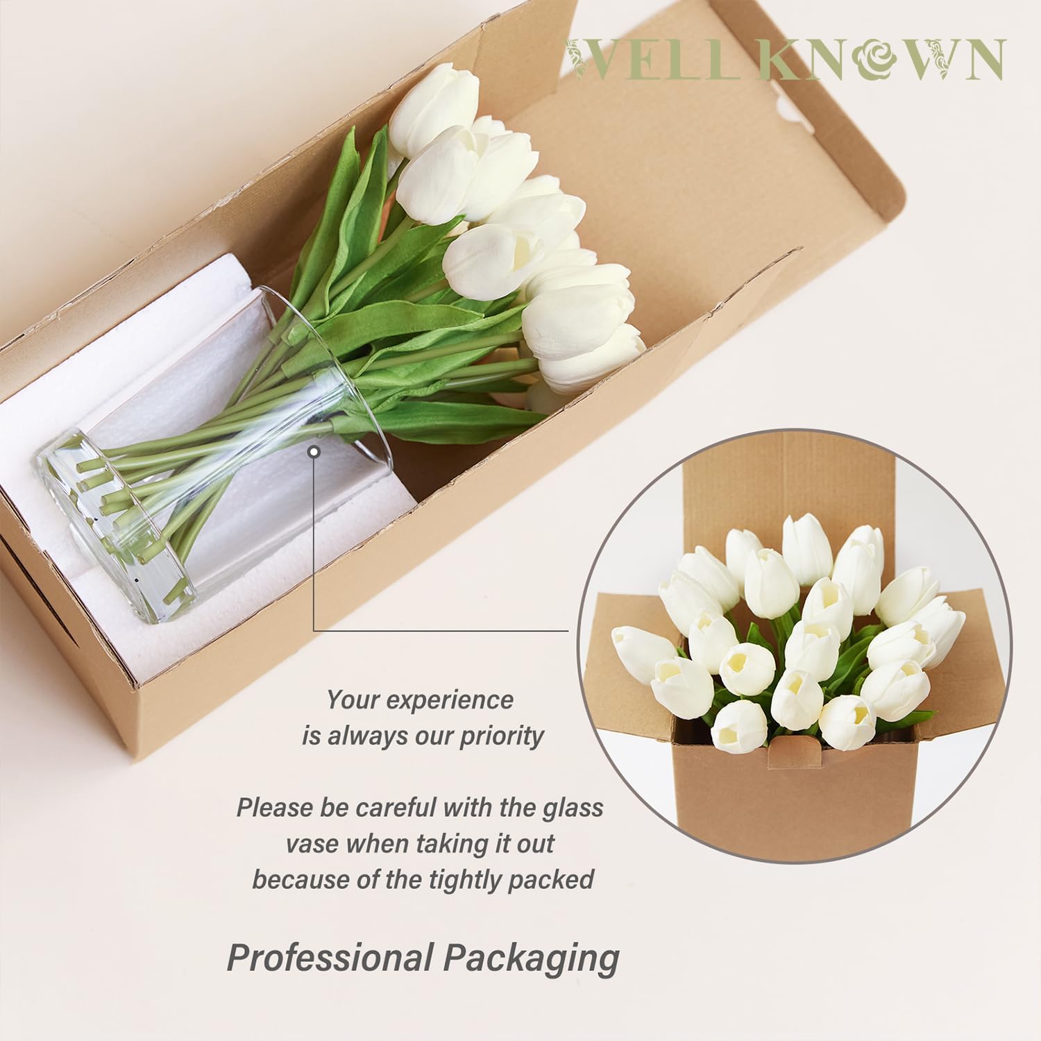 WELL KNOWN 20 piezas de tulipanes blancos artificiales en jarrón, flores falsas en jarrón de vidrio, tulipanes falsos de tacto real en jarrón con agua sintética para decoración del hogar, mesa de