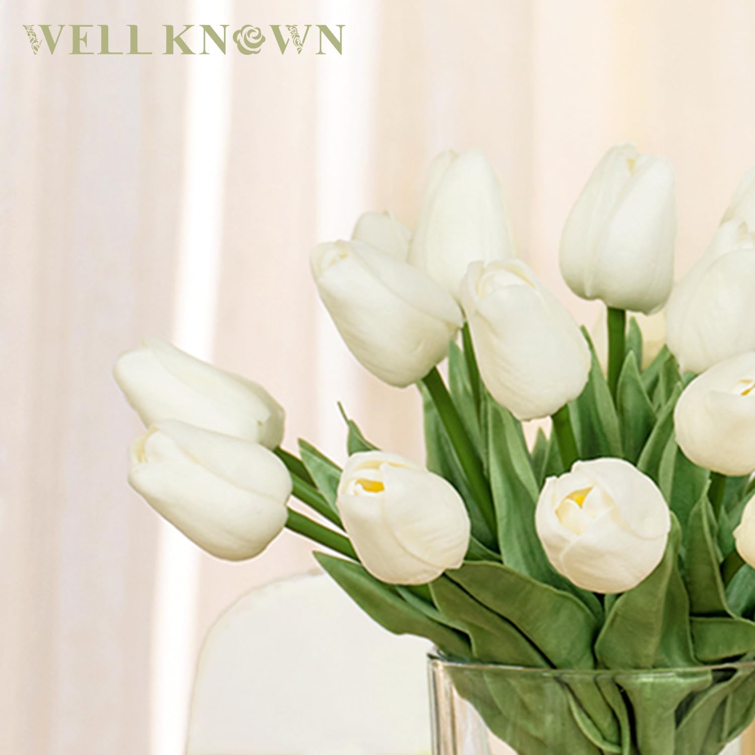 WELL KNOWN 20 piezas de tulipanes blancos artificiales en jarrón, flores falsas en jarrón de vidrio, tulipanes falsos de tacto real en jarrón con agua sintética para decoración del hogar, mesa de
