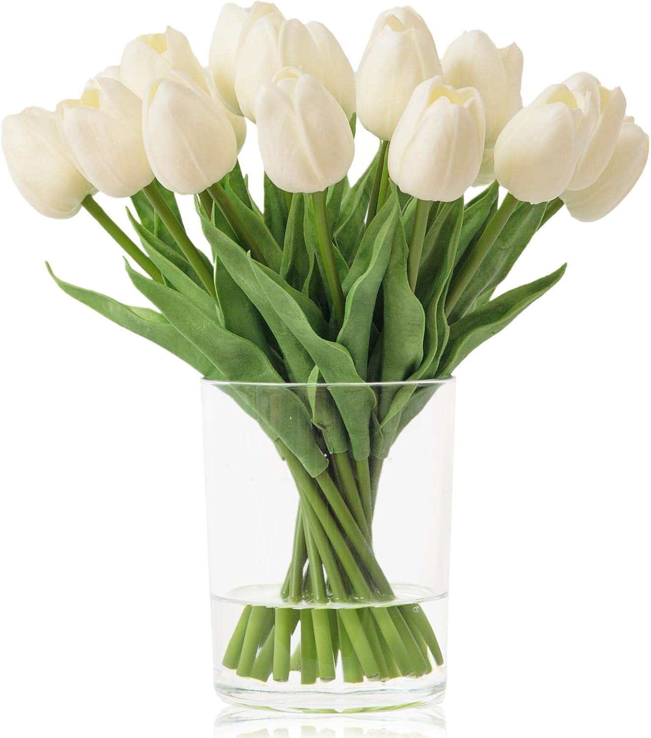 WELL KNOWN 20 piezas de tulipanes blancos artificiales en jarrón, flores falsas en jarrón de vidrio, tulipanes falsos de tacto real en jarrón con agua sintética para decoración del hogar, mesa de