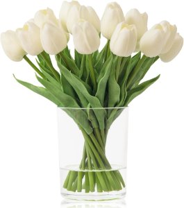 WELL KNOWN 20 piezas de tulipanes blancos artificiales en jarrón, flores falsas en jarrón de vidrio, tulipanes falsos de tacto real en jarrón con agua sintética para decoración del hogar, mesa de