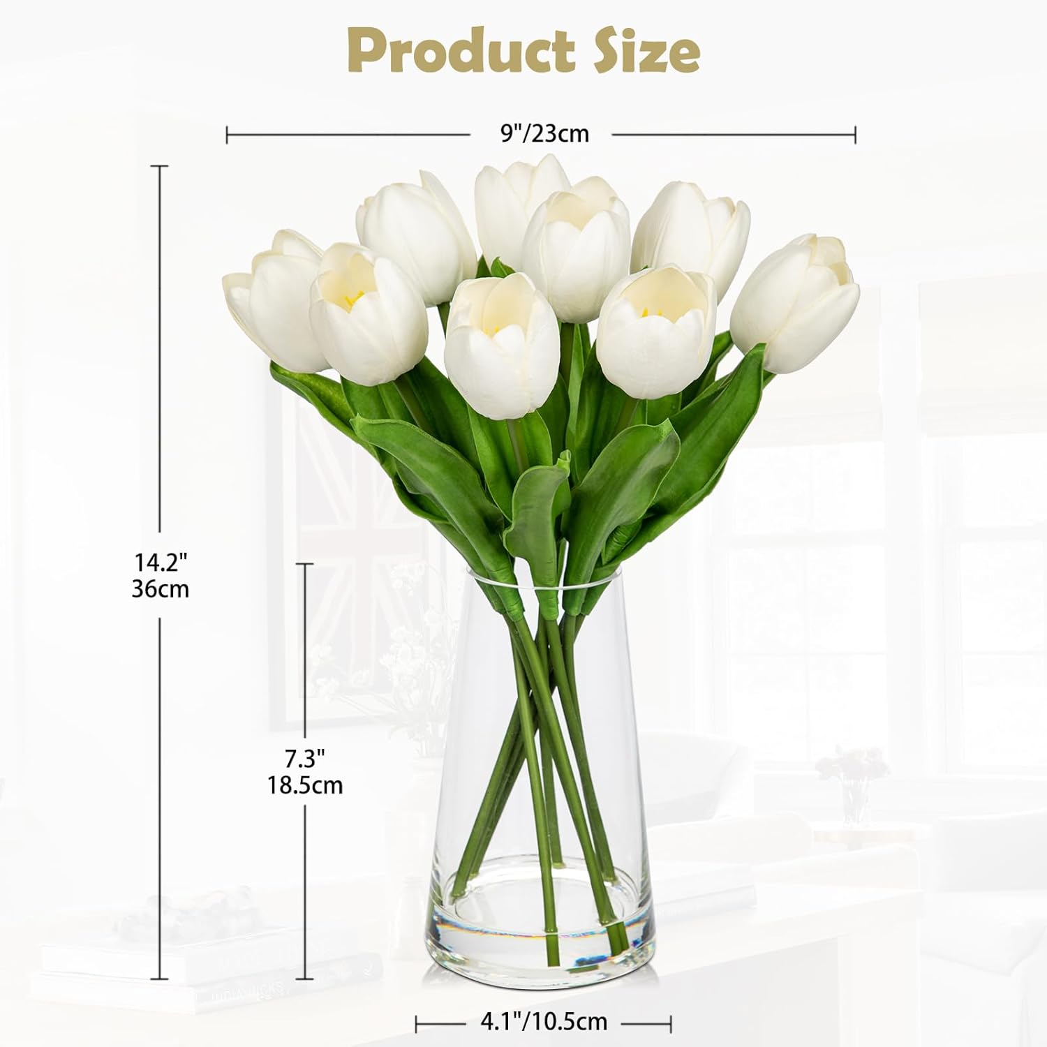 Tulipanes artificiales de tulipanes falsos en jarrón de vidrio con agua sintética, 14.2 pulgadas, flores de tulipán blanco de tacto real, decoración de primavera para centro de mesa, hogar, granja, decoración de boda