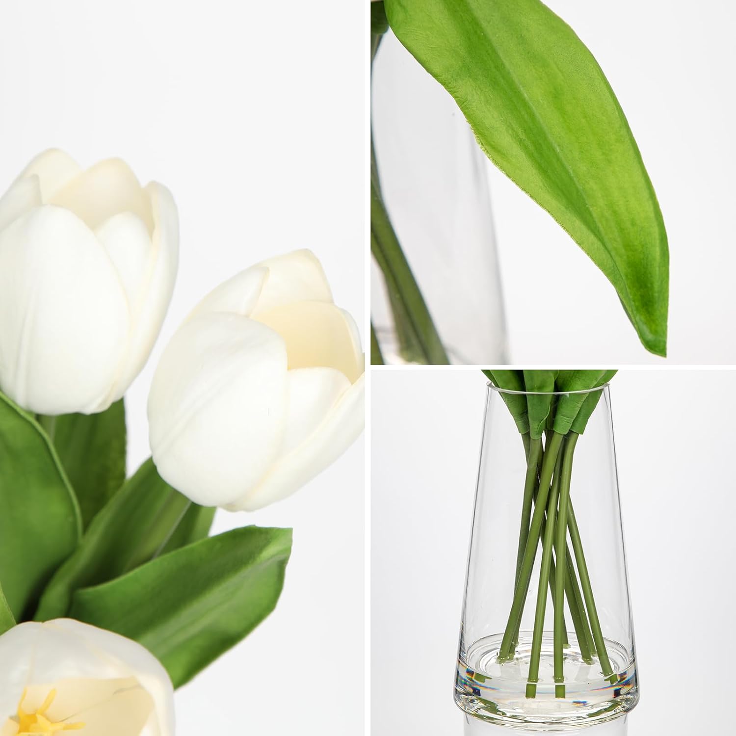 Tulipanes artificiales de tulipanes falsos en jarrón de vidrio con agua sintética, 14.2 pulgadas, flores de tulipán blanco de tacto real, decoración de primavera para centro de mesa, hogar, granja, decoración de boda