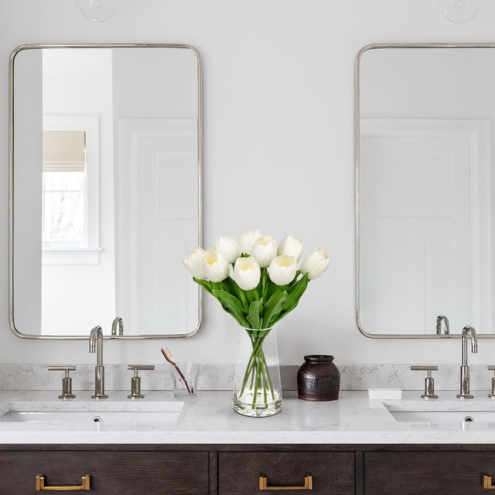 Tulipanes artificiales de tulipanes falsos en jarrón de vidrio con agua sintética, 14.2 pulgadas, flores de tulipán blanco de tacto real, decoración de primavera para centro de mesa, hogar, granja, decoración de boda