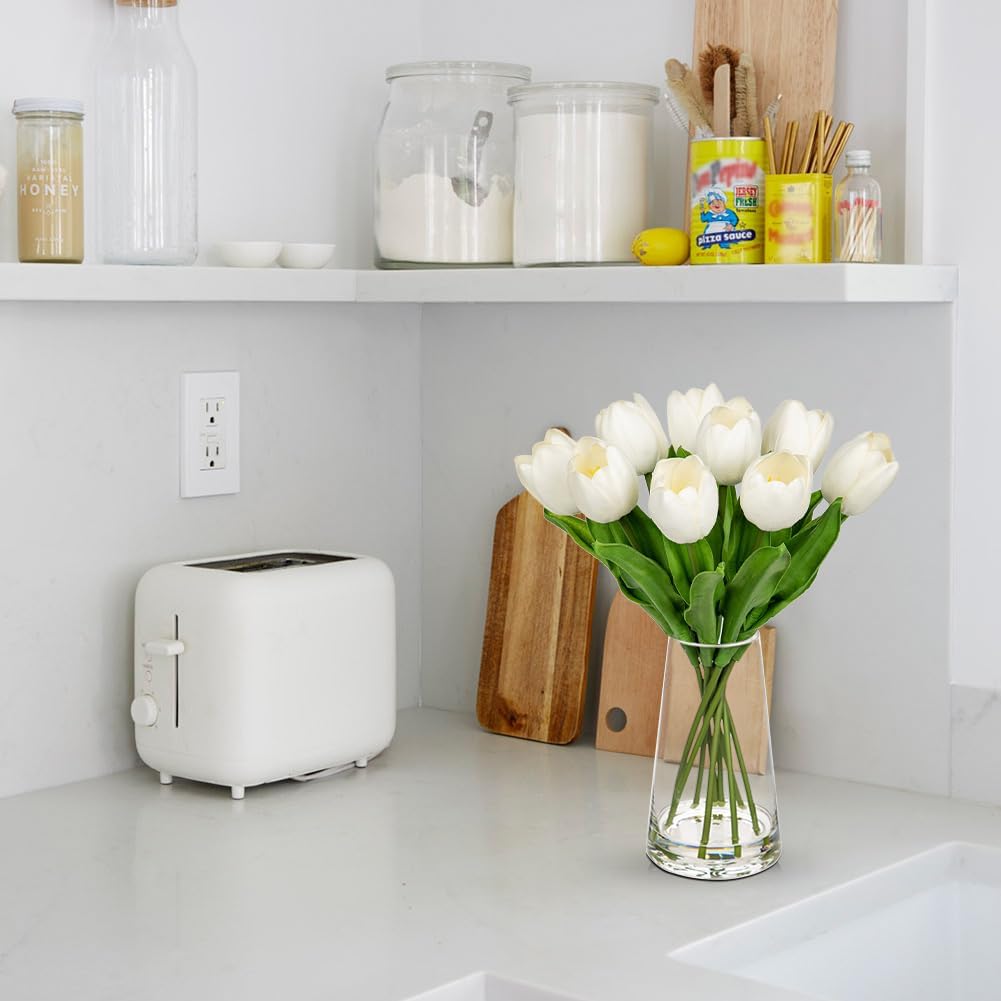 Tulipanes artificiales de tulipanes falsos en jarrón de vidrio con agua sintética, 14.2 pulgadas, flores de tulipán blanco de tacto real, decoración de primavera para centro de mesa, hogar, granja, decoración de boda