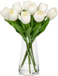 Tulipanes artificiales de tulipanes falsos en jarrón de vidrio con agua sintética, 14.2 pulgadas, flores de tulipán blanco de tacto real, decoración de primavera para centro de mesa, hogar, granja, decoración de boda