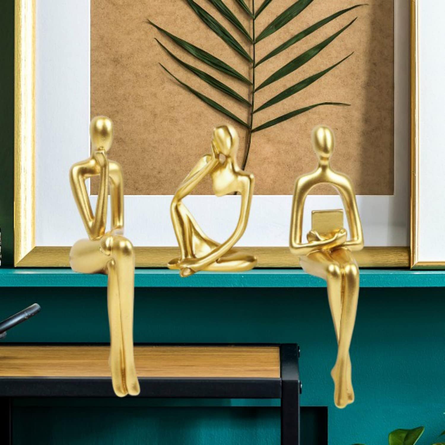 Prettidecor Decoración dorada para el hogar, juego de 3 esculturas de pensador, decoración de oficina, decoración moderna de resina abstracta en el estante mesa escritorio para sala de estar, oficina, dormitorio (oro pequeño)