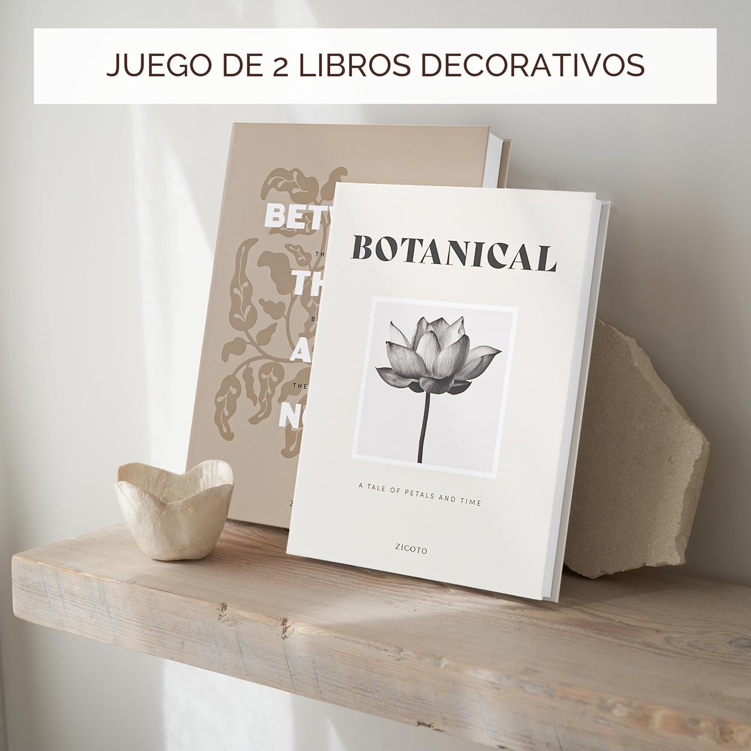 ZICOTO Hermosos Libros Decorativos – Juego de 2 cajas que mejoran la decoración de tu mesa de centro, estantería o repisa de chimenea – Libros estéticos falsos/de imitación para decoración moderna del