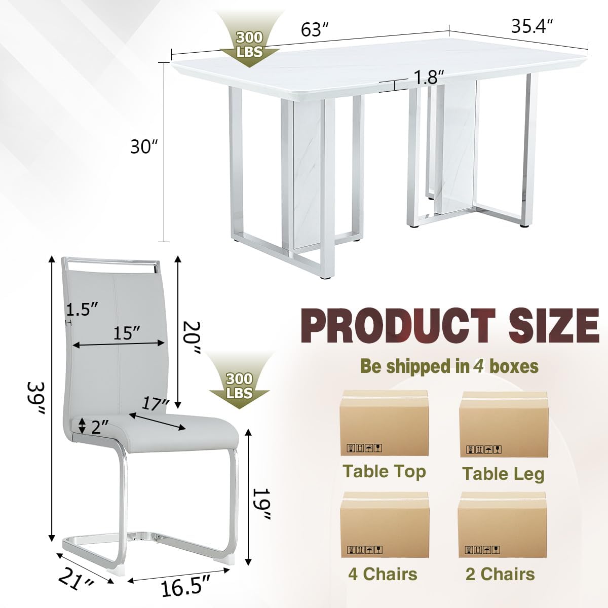 Juego de mesa de comedor MEMUY de 160 cm para 6, juego de mesa de comedor blanca con patas cromadas, juego de mesa de cocina y sillas de mármol sintético de 6, juego de mesa moderna para comedor, alto