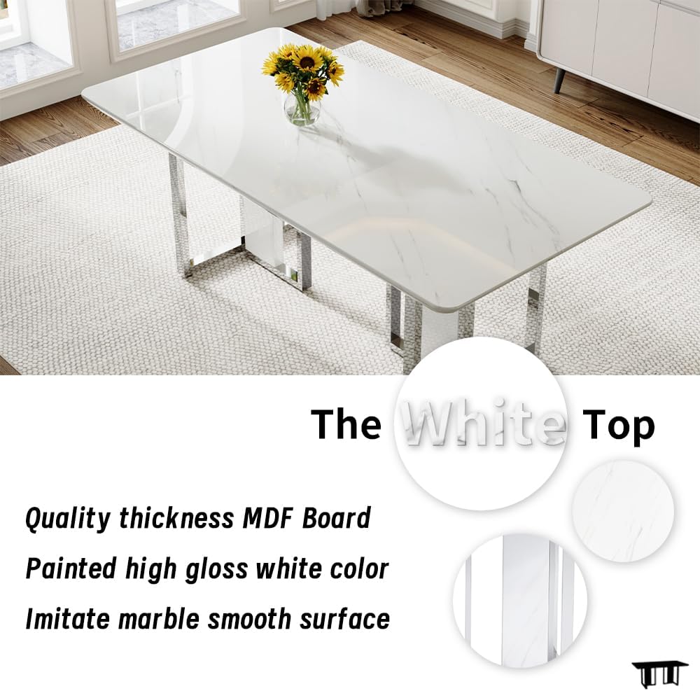 Juego de mesa de comedor MEMUY de 160 cm para 6, juego de mesa de comedor blanca con patas cromadas, juego de mesa de cocina y sillas de mármol sintético de 6, juego de mesa moderna para comedor, alto