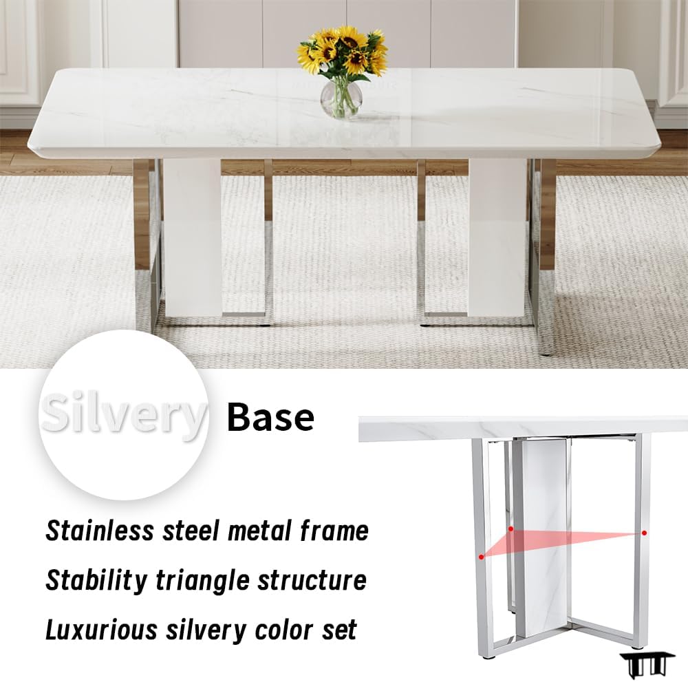 Juego de mesa de comedor MEMUY de 160 cm para 6, juego de mesa de comedor blanca con patas cromadas, juego de mesa de cocina y sillas de mármol sintético de 6, juego de mesa moderna para comedor, alto