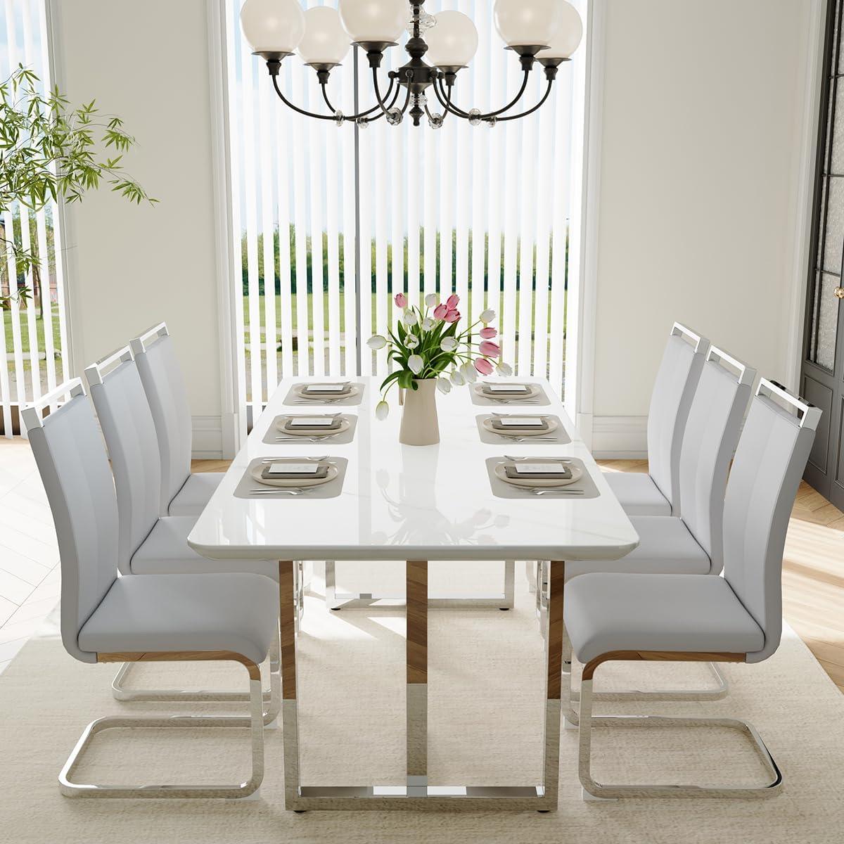 Juego de mesa de comedor MEMUY de 160 cm para 6, juego de mesa de comedor blanca con patas cromadas, juego de mesa de cocina y sillas de mármol sintético de 6, juego de mesa moderna para comedor, alto