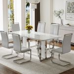 Juego de mesa de comedor MEMUY de 160 cm para 6, juego de mesa de comedor blanca con patas cromadas, juego de mesa de cocina y sillas de mármol sintético de 6, juego de mesa moderna para comedor, alto