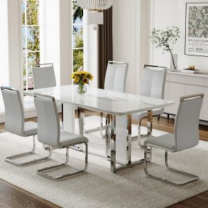 Juego de mesa de comedor MEMUY de 160 cm para 6, juego de mesa de comedor blanca con patas cromadas, juego de mesa de cocina y sillas de mármol sintético de 6, juego de mesa moderna para comedor, alto