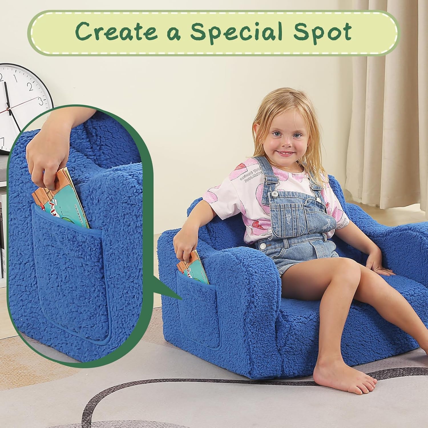 Sofá para niños, sofá de espuma abatible 2 en 1 con funda de sherpa suave, acogedora silla de descanso para juegos, azul cielo