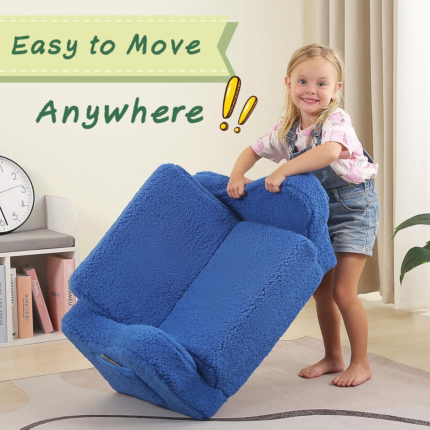 Sofá para niños, sofá de espuma abatible 2 en 1 con funda de sherpa suave, acogedora silla de descanso para juegos, azul cielo
