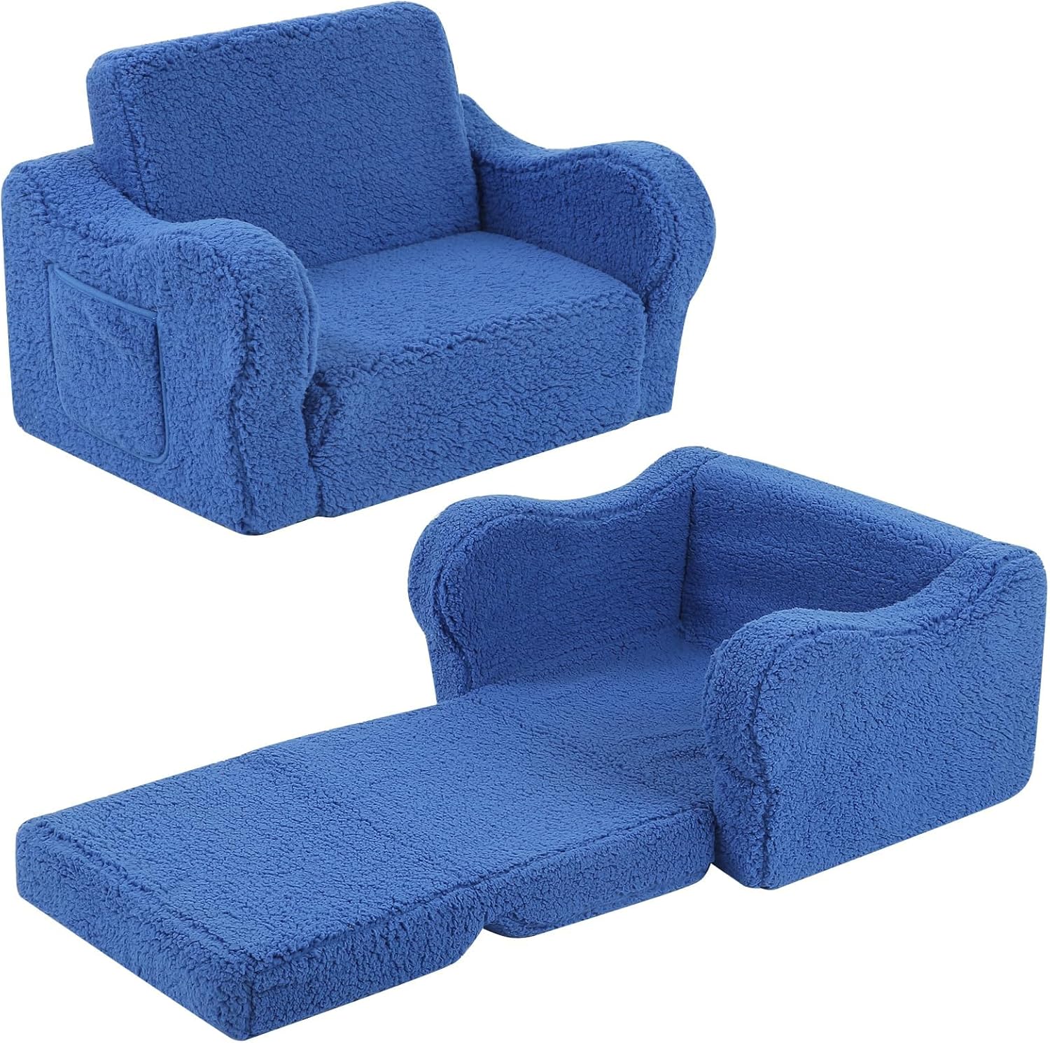 Sofá para niños, sofá de espuma abatible 2 en 1 con funda de sherpa suave, acogedora silla de descanso para juegos, azul cielo