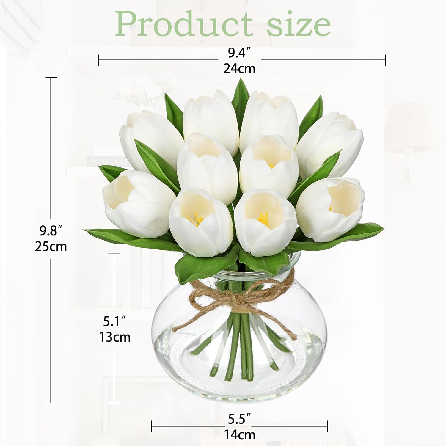 Tulipanes de flores artificiales en jarrón, centro de mesa de flores falsas blancas con jarrón de cristal con agua sintética, ramo de tulipanes sintéticos, arreglo floral para mesa, hogar, oficina, boda, Acción de Gracias