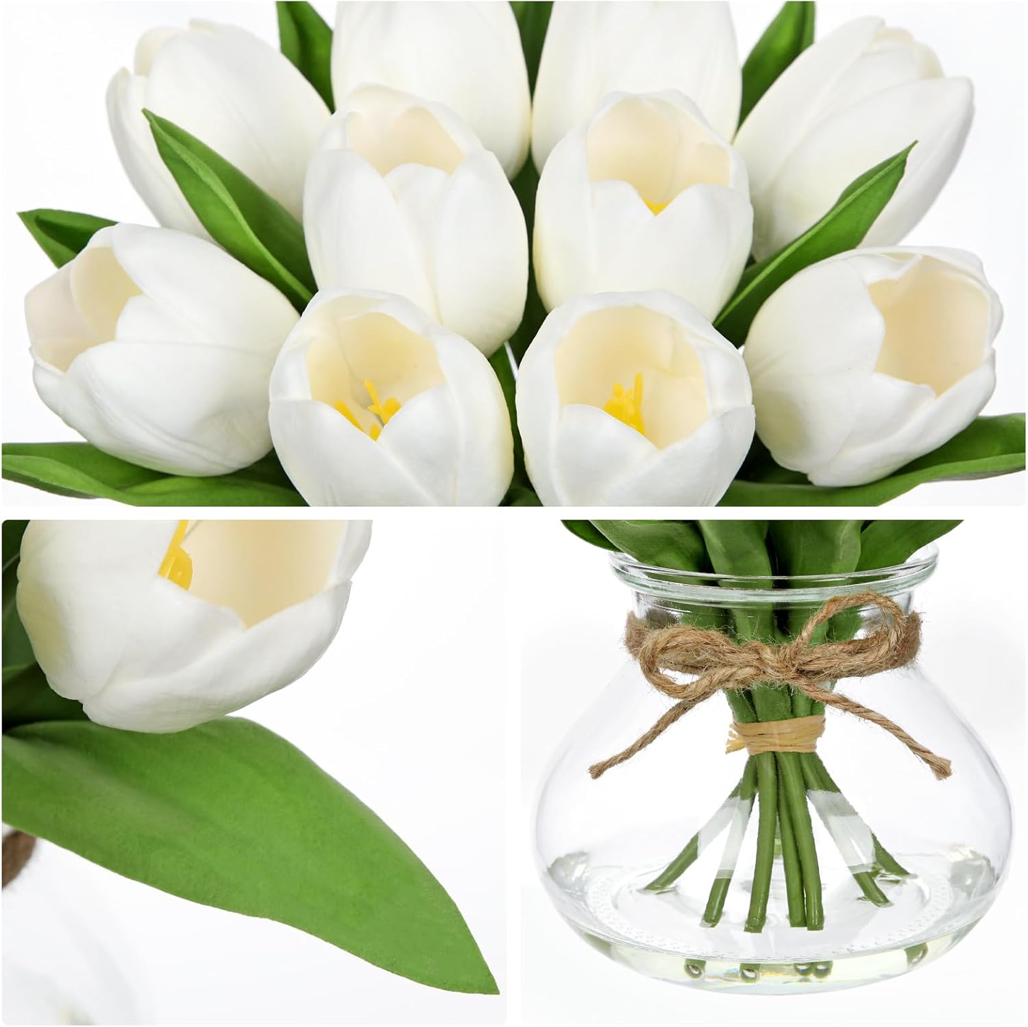 Tulipanes de flores artificiales en jarrón, centro de mesa de flores falsas blancas con jarrón de cristal con agua sintética, ramo de tulipanes sintéticos, arreglo floral para mesa, hogar, oficina, boda, Acción de Gracias