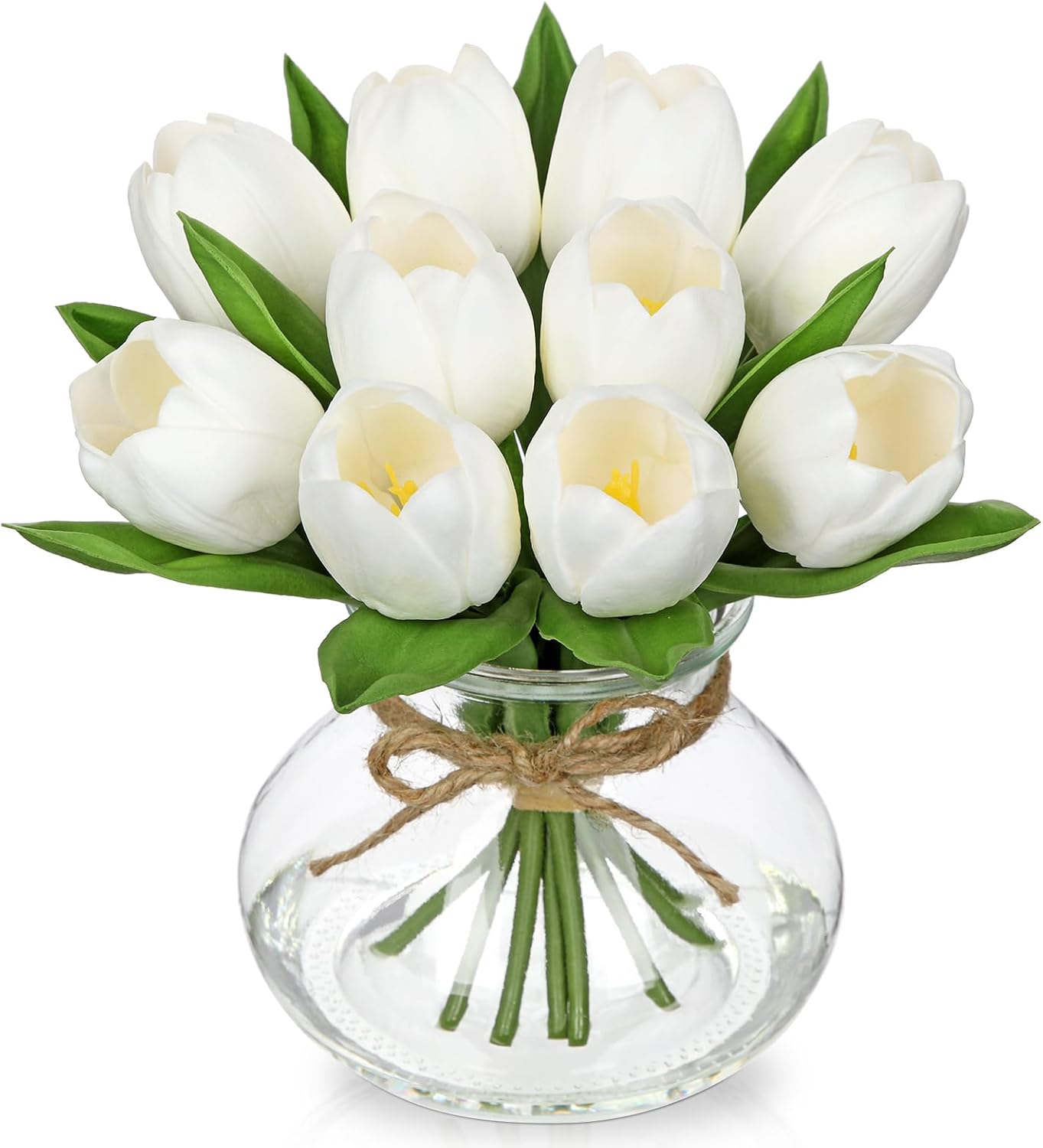 Tulipanes de flores artificiales en jarrón, centro de mesa de flores falsas blancas con jarrón de cristal con agua sintética, ramo de tulipanes sintéticos, arreglo floral para mesa, hogar, oficina, boda, Acción de Gracias