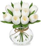 Tulipanes de flores artificiales en jarrón, centro de mesa de flores falsas blancas con jarrón de cristal con agua sintética, ramo de tulipanes sintéticos, arreglo floral para mesa, hogar, oficina, boda, Acción de Gracias