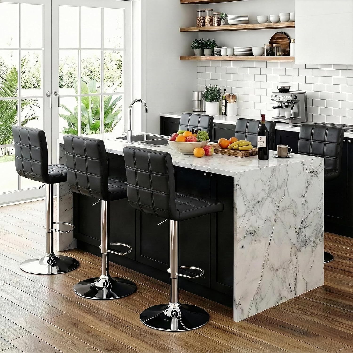 ZENY Juego de 4 taburetes de bar giratorios ajustables, modernos taburetes de bar de cocina de piel sintética, taburete de bar con respaldo cuadrado