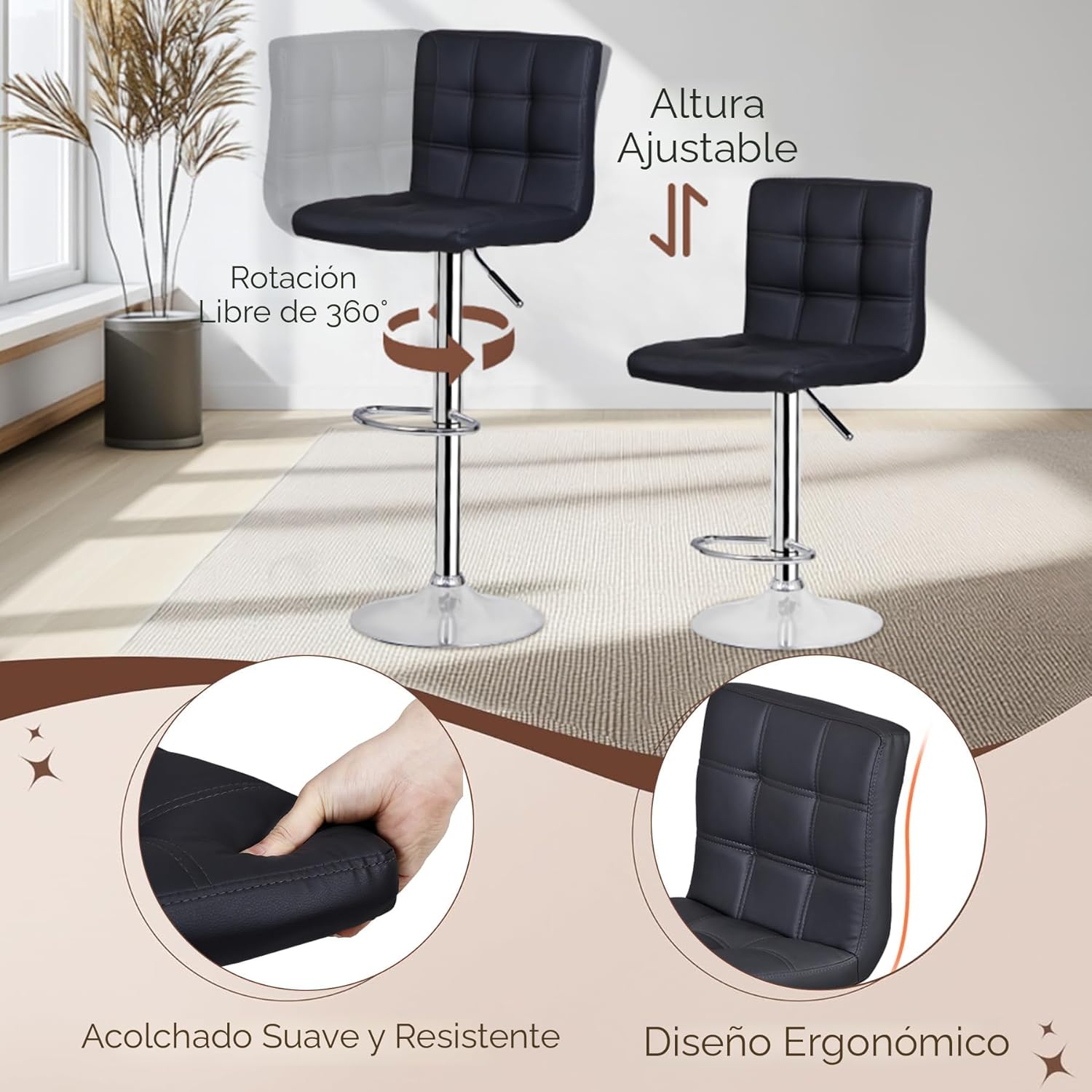 ZENY Juego de 4 taburetes de bar giratorios ajustables, modernos taburetes de bar de cocina de piel sintética, taburete de bar con respaldo cuadrado