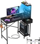 Mesa de escritorio pequeña para juegos de 33.7 pulgadas con luces LED y tomas de corriente, escritorio compacto en forma de L para computadora con soporte para CPU, cajón y almacenamiento, escritorio de computadora de esquina para niños, oficina en casa, 