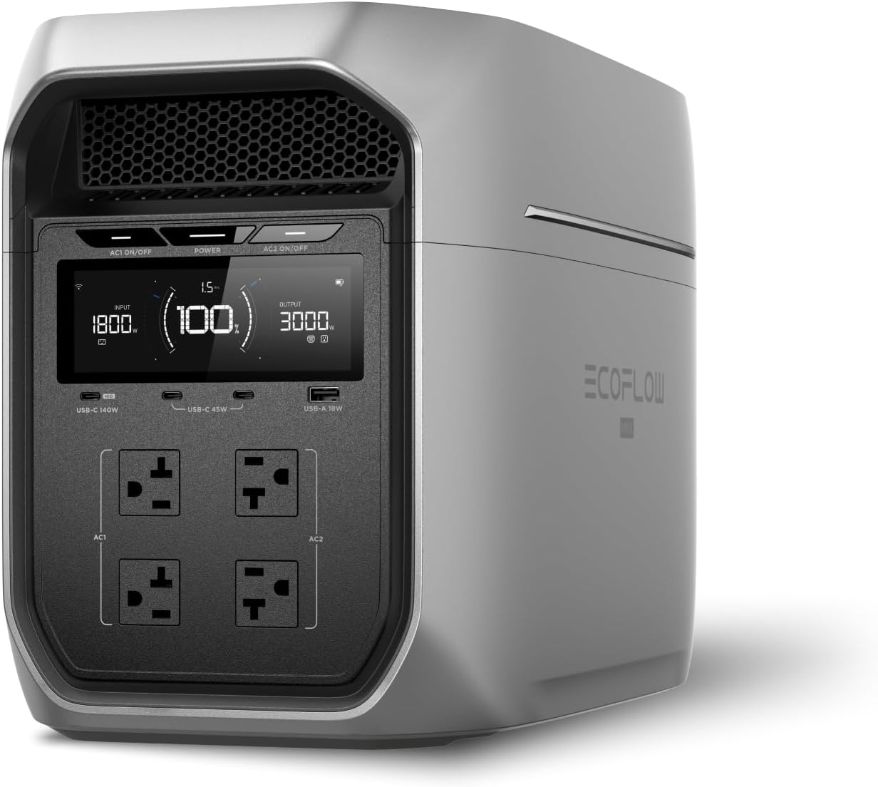 EF ECOFLOW Estación de energía portátil DELTA 3 Max Plus, batería LiFePO4 de 2048 Wh, generador solar (panel solar opcional), salida máxima de 3000 W, recarga rápida del 0–80% en 64 minutos, respaldo