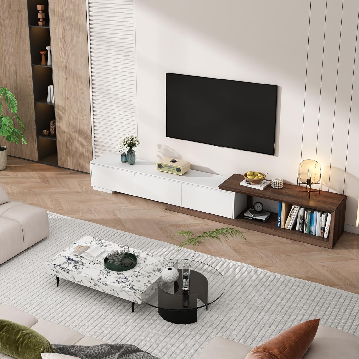 Multimuebles Minimalista moderno, consola multimedia de TV larga reversible, diseño biselado, 82-107.3 pulgadas, blanco y nogal