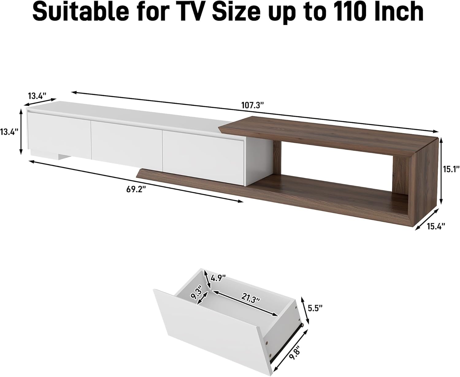 Multimuebles Minimalista moderno, consola multimedia de TV larga reversible, diseño biselado, 82-107.3 pulgadas, blanco y nogal