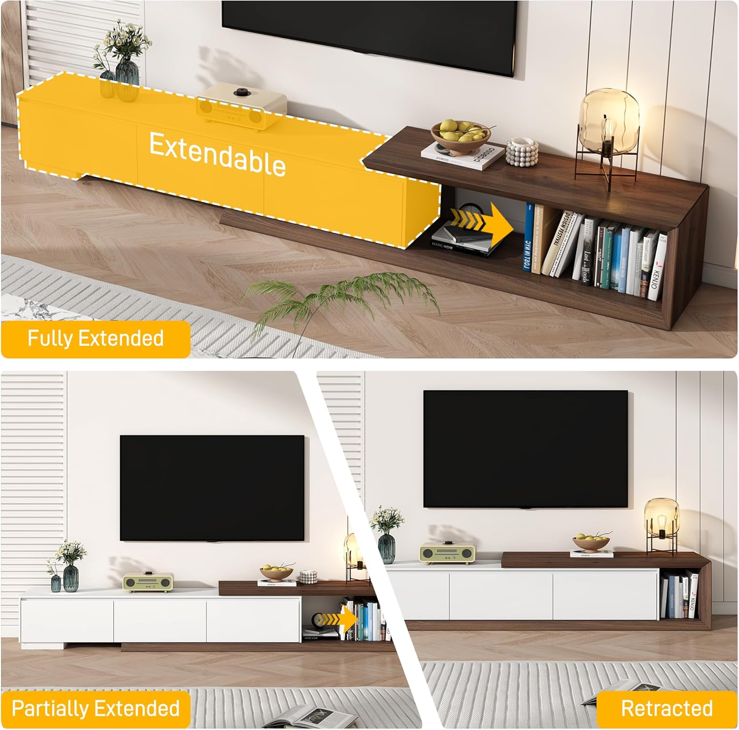 Multimuebles Minimalista moderno, consola multimedia de TV larga reversible, diseño biselado, 82-107.3 pulgadas, blanco y nogal