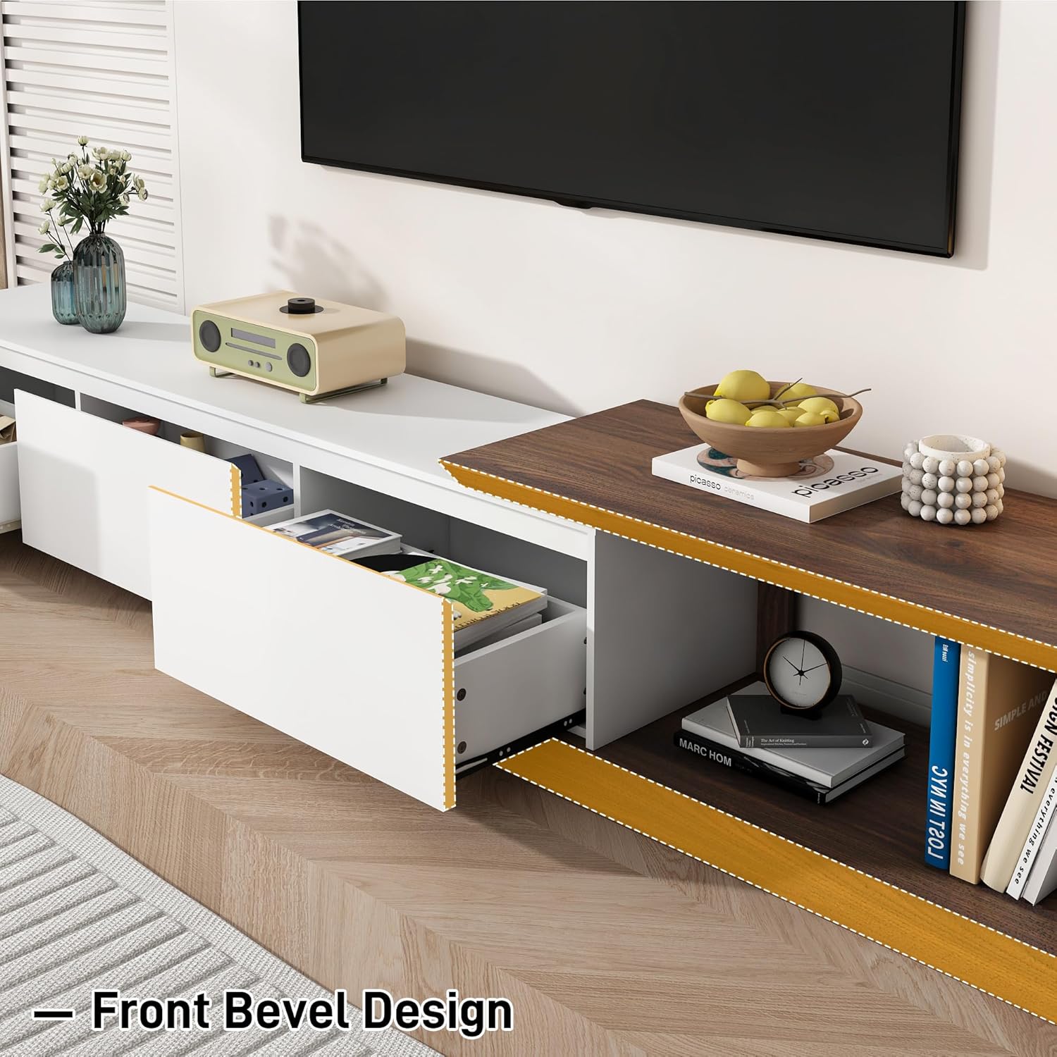 Multimuebles Minimalista moderno, consola multimedia de TV larga reversible, diseño biselado, 82-107.3 pulgadas, blanco y nogal