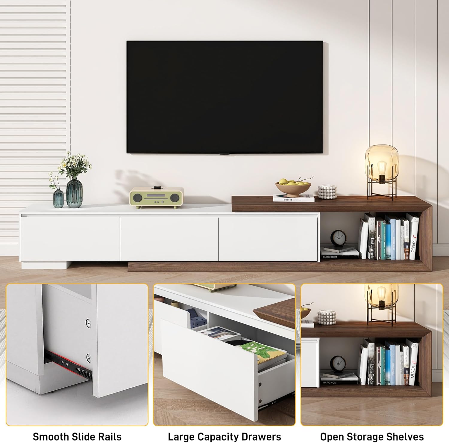 Multimuebles Minimalista moderno, consola multimedia de TV larga reversible, diseño biselado, 82-107.3 pulgadas, blanco y nogal