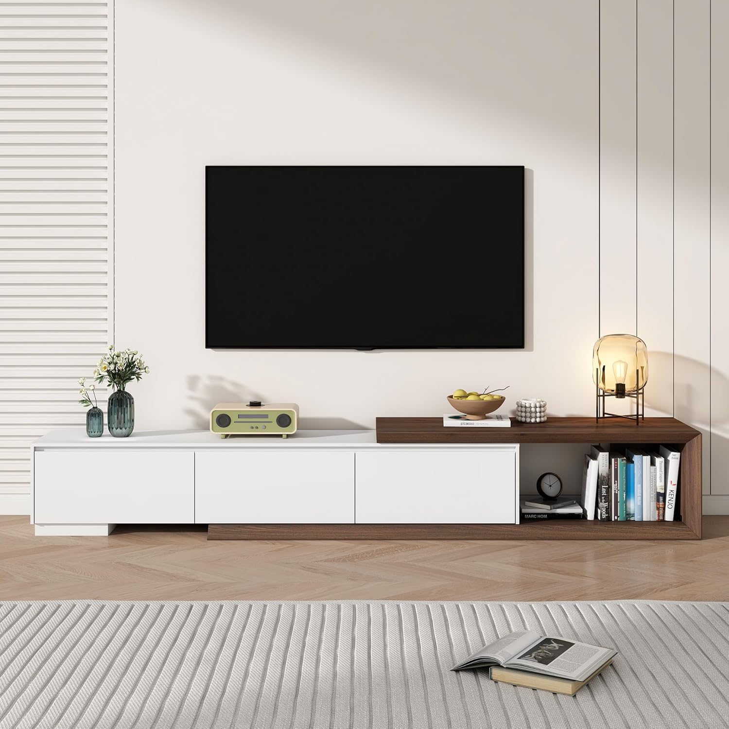 Multimuebles Minimalista moderno, consola multimedia de TV larga reversible, diseño biselado, 82-107.3 pulgadas, blanco y nogal