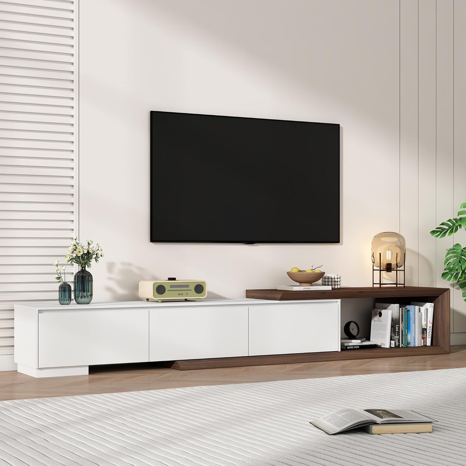 Multimuebles Minimalista moderno, consola multimedia de TV larga reversible, diseño biselado, 82-107.3 pulgadas, blanco y nogal