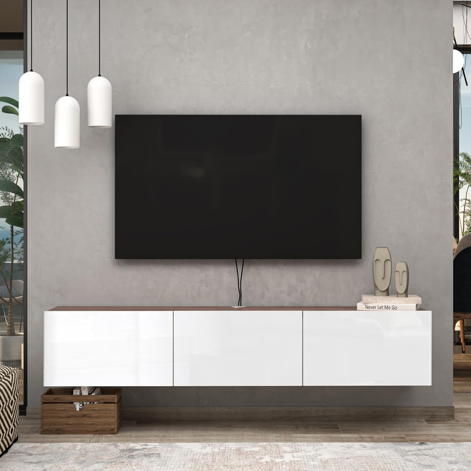Consola de TV de pared, color blanco brillante, centro de entretenimiento con diseño flotante