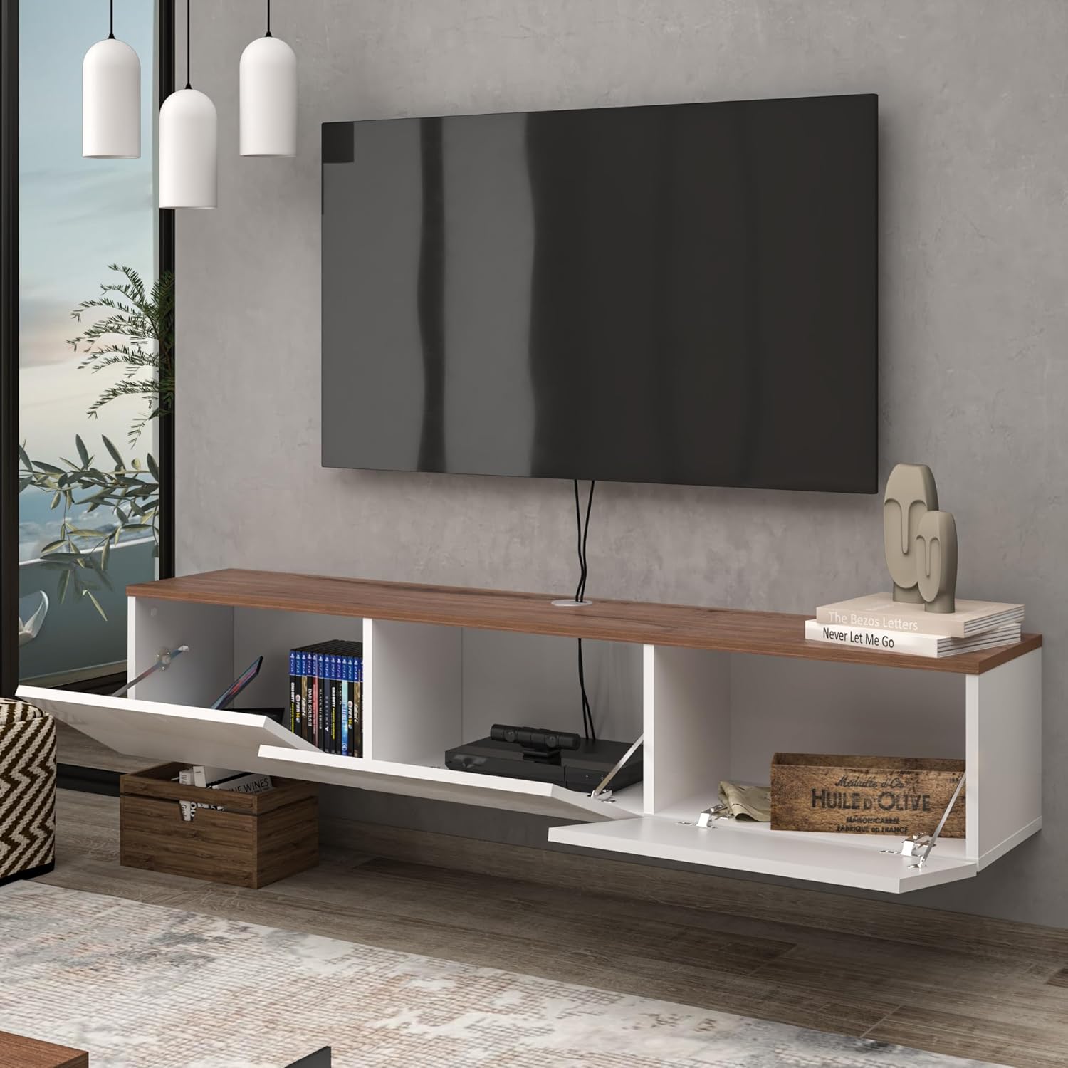 Consola de TV de pared, color blanco brillante, centro de entretenimiento con diseño flotante
