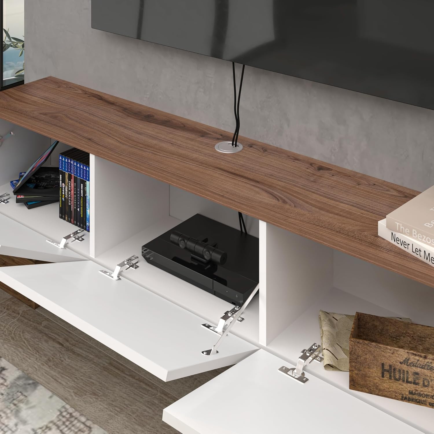 Consola de TV de pared, color blanco brillante, centro de entretenimiento con diseño flotante