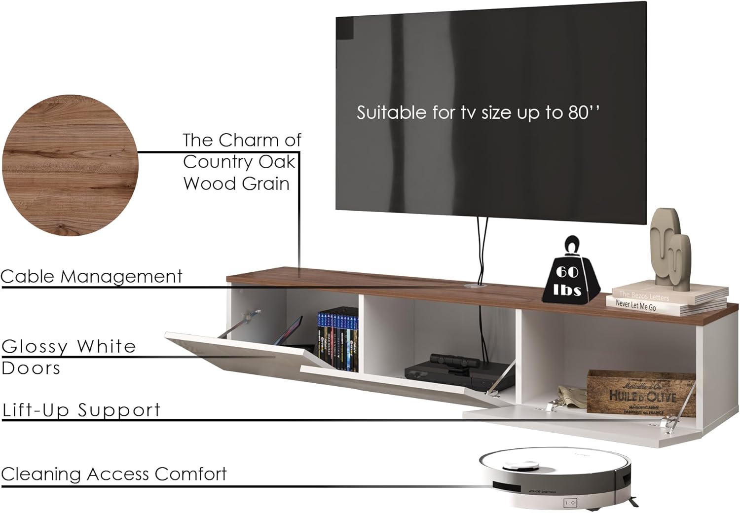 Consola de TV de pared, color blanco brillante, centro de entretenimiento con diseño flotante