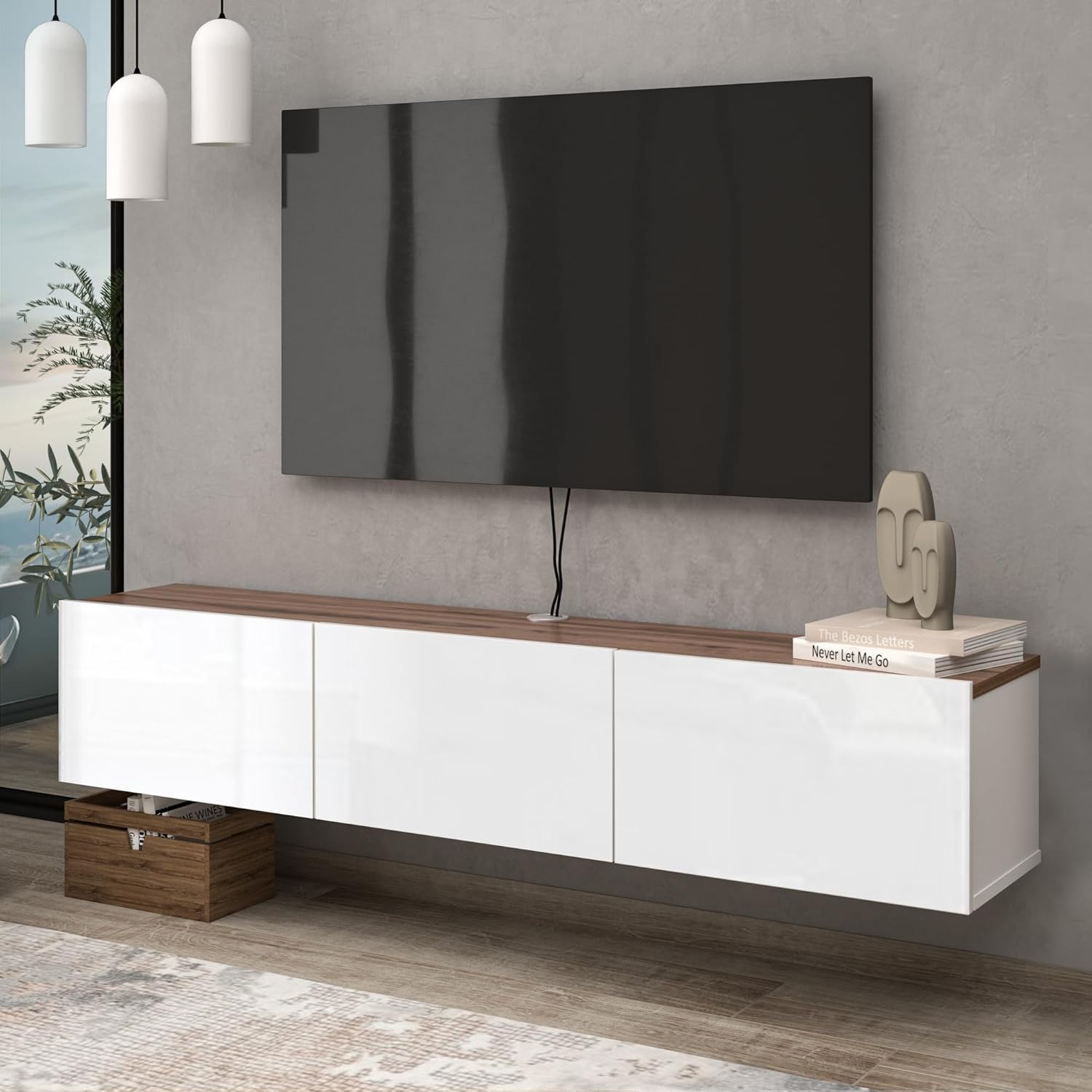 Consola de TV de pared, color blanco brillante, centro de entretenimiento con diseño flotante