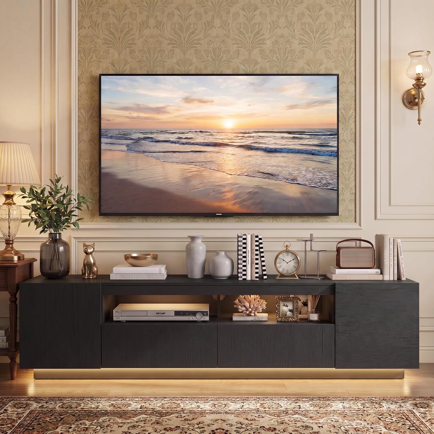 Soporte de TV LED, soporte de entretenimiento grande para TV de hasta 80 pulgadas, gabinete de televisión con estantes de almacenamiento, consola de televisión resistente para sala de estar, dormitorio (negro)