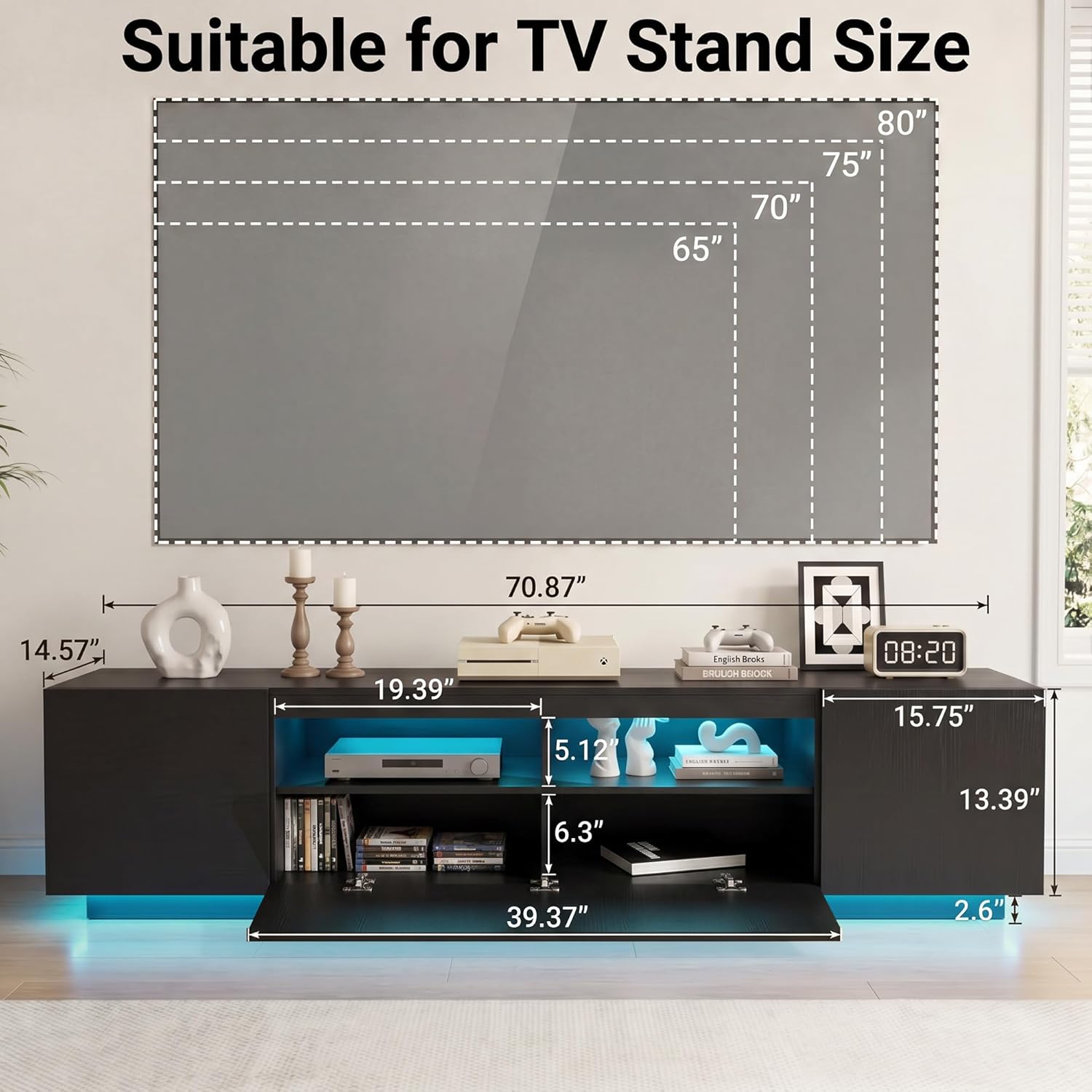 Soporte de TV LED, soporte de entretenimiento grande para TV de hasta 80 pulgadas, gabinete de televisión con estantes de almacenamiento, consola de televisión resistente para sala de estar, dormitorio (negro)