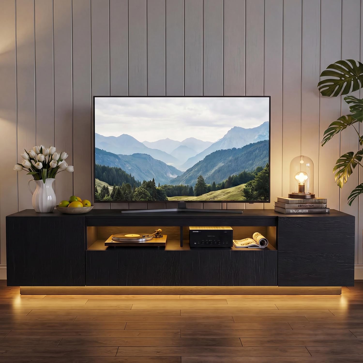 Soporte de TV LED, soporte de entretenimiento grande para TV de hasta 80 pulgadas, gabinete de televisión con estantes de almacenamiento, consola de televisión resistente para sala de estar, dormitorio (negro)