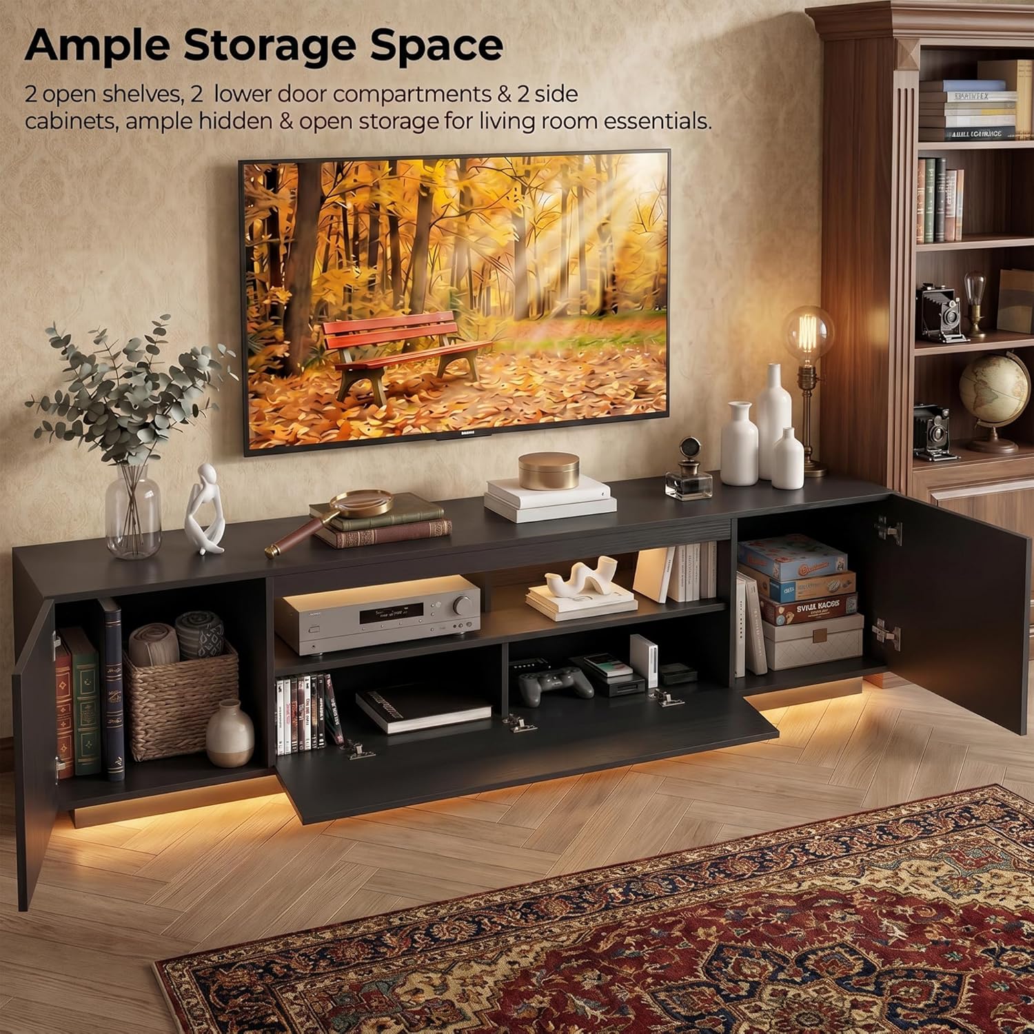 Soporte de TV LED, soporte de entretenimiento grande para TV de hasta 80 pulgadas, gabinete de televisión con estantes de almacenamiento, consola de televisión resistente para sala de estar, dormitorio (negro)