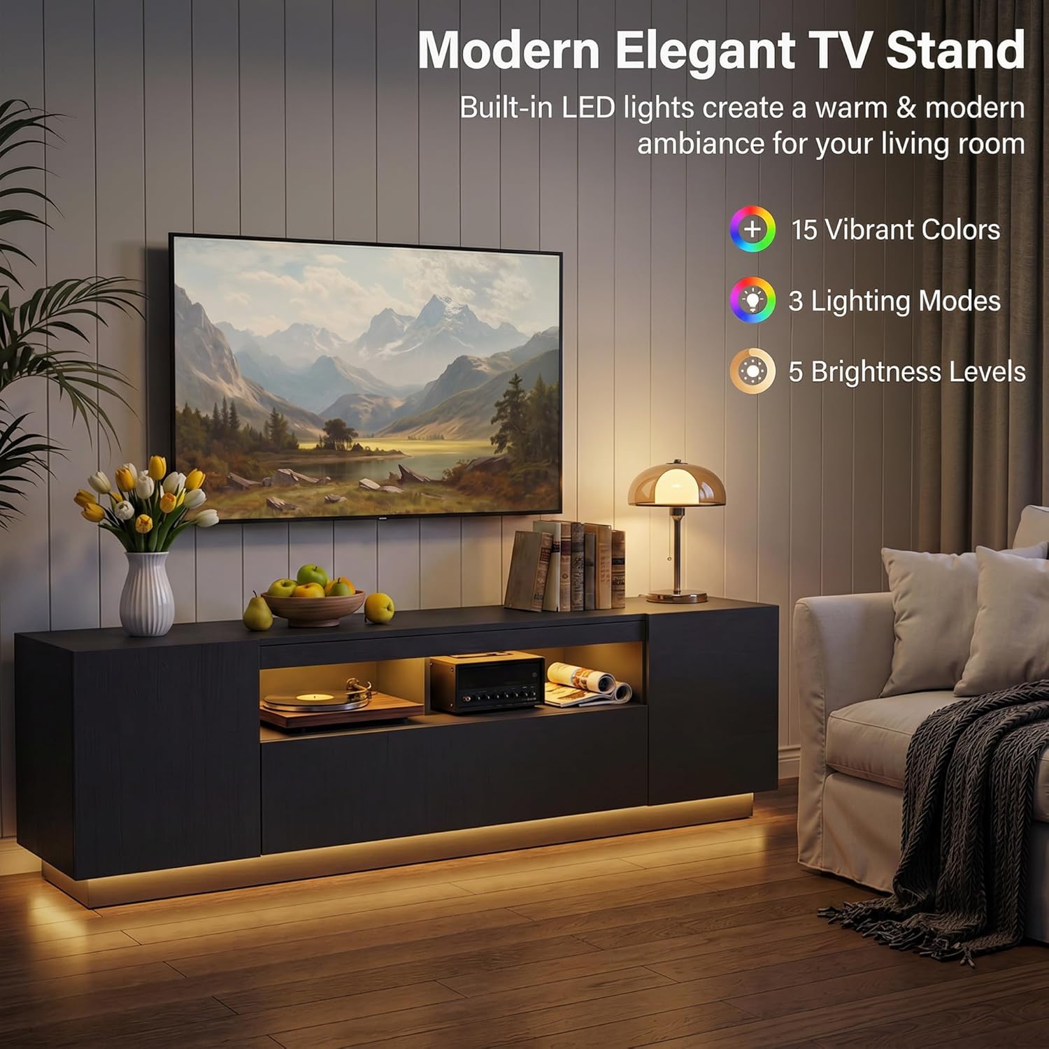 Soporte de TV LED, soporte de entretenimiento grande para TV de hasta 80 pulgadas, gabinete de televisión con estantes de almacenamiento, consola de televisión resistente para sala de estar, dormitorio (negro)