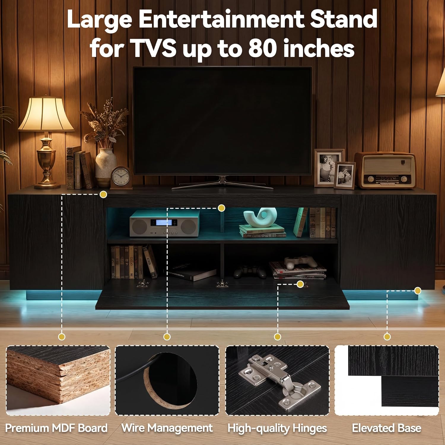 Soporte de TV LED, soporte de entretenimiento grande para TV de hasta 80 pulgadas, gabinete de televisión con estantes de almacenamiento, consola de televisión resistente para sala de estar, dormitorio (negro)