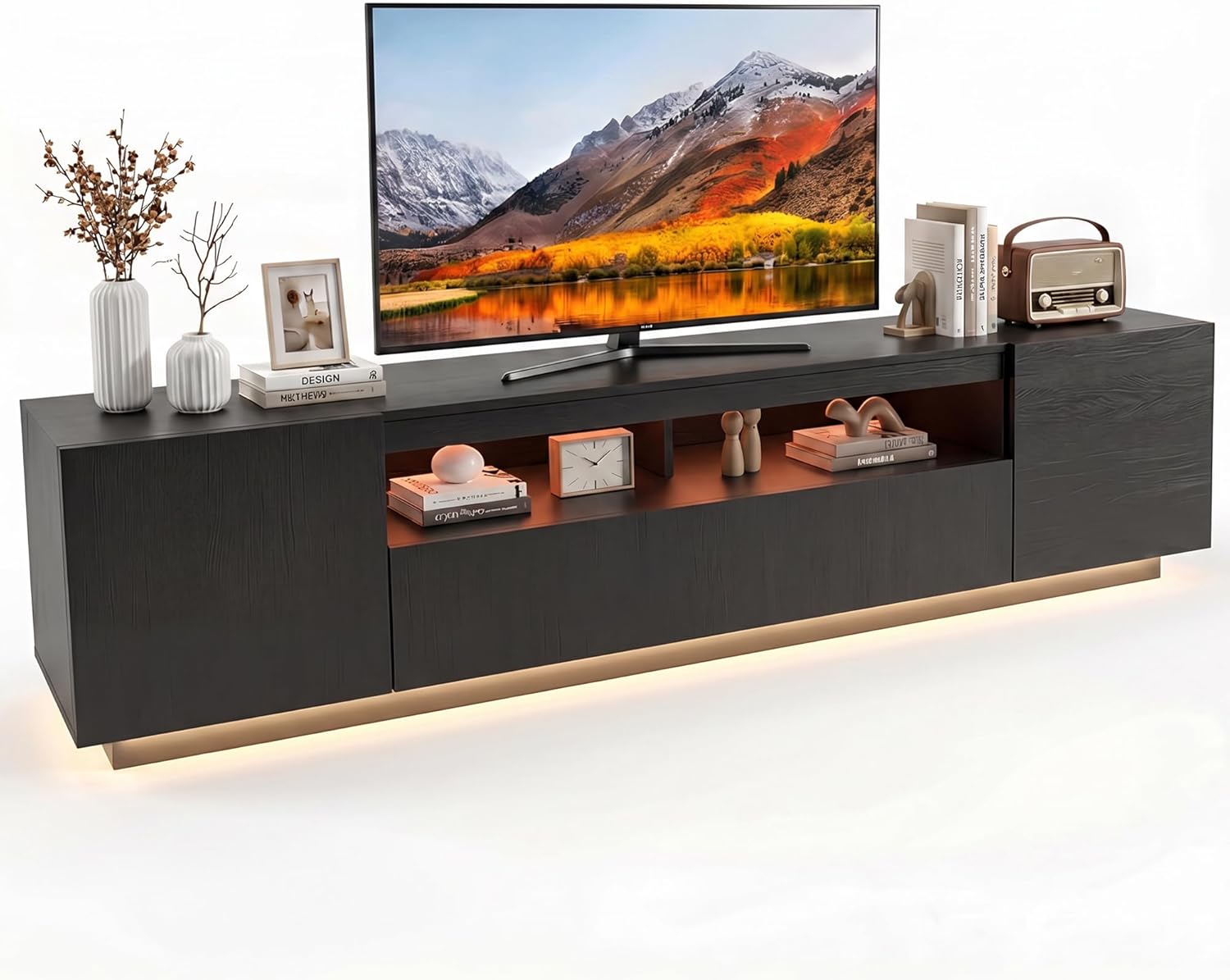 Soporte de TV LED, soporte de entretenimiento grande para TV de hasta 80 pulgadas, gabinete de televisión con estantes de almacenamiento, consola de televisión resistente para sala de estar, dormitorio (negro)