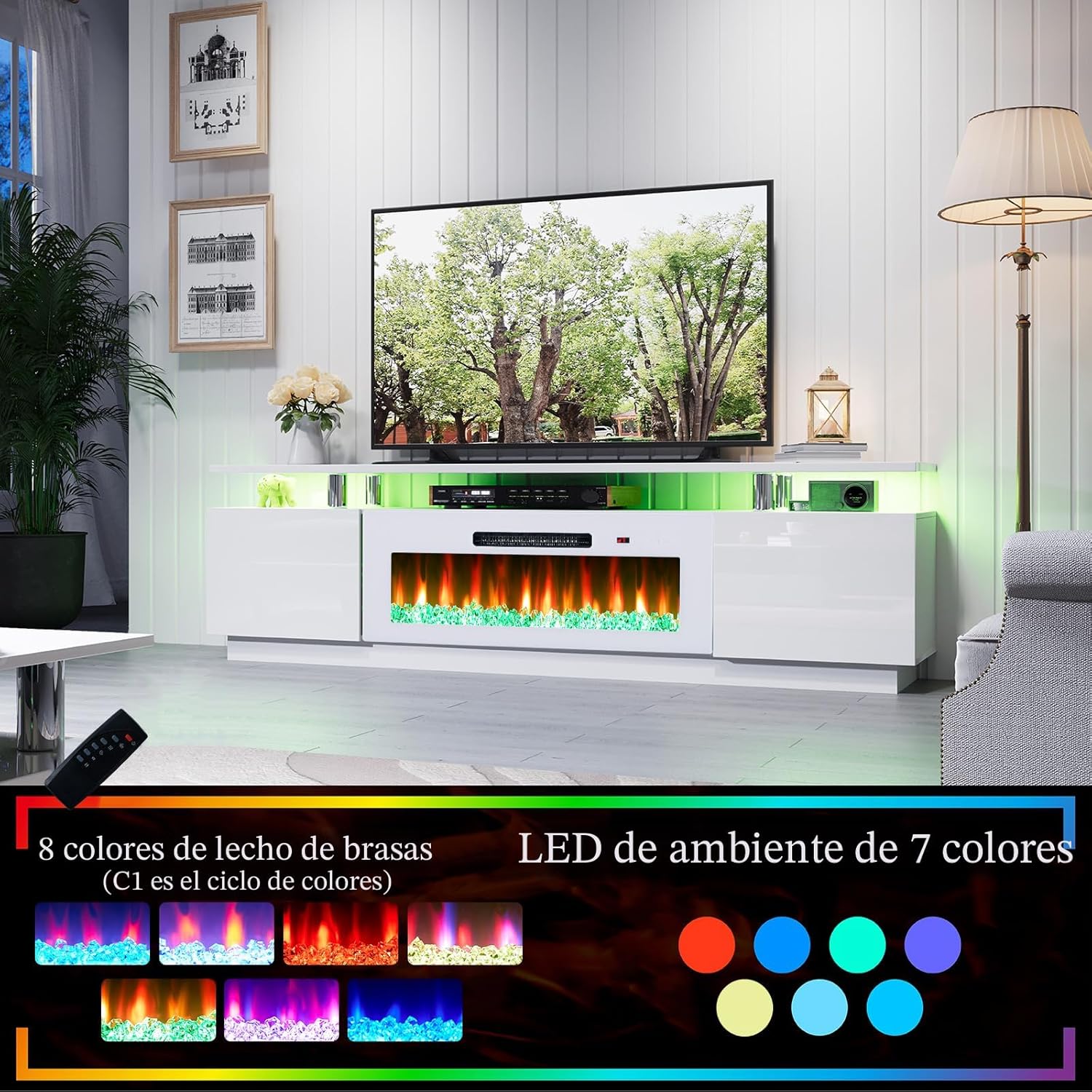 Soporte de TV con chimenea de 40 pulgadas, centro de entretenimiento con chimenea moderna de 80 pulgadas con luces LED, gabinete de consola de TV de 2 niveles para televisores de hasta 90