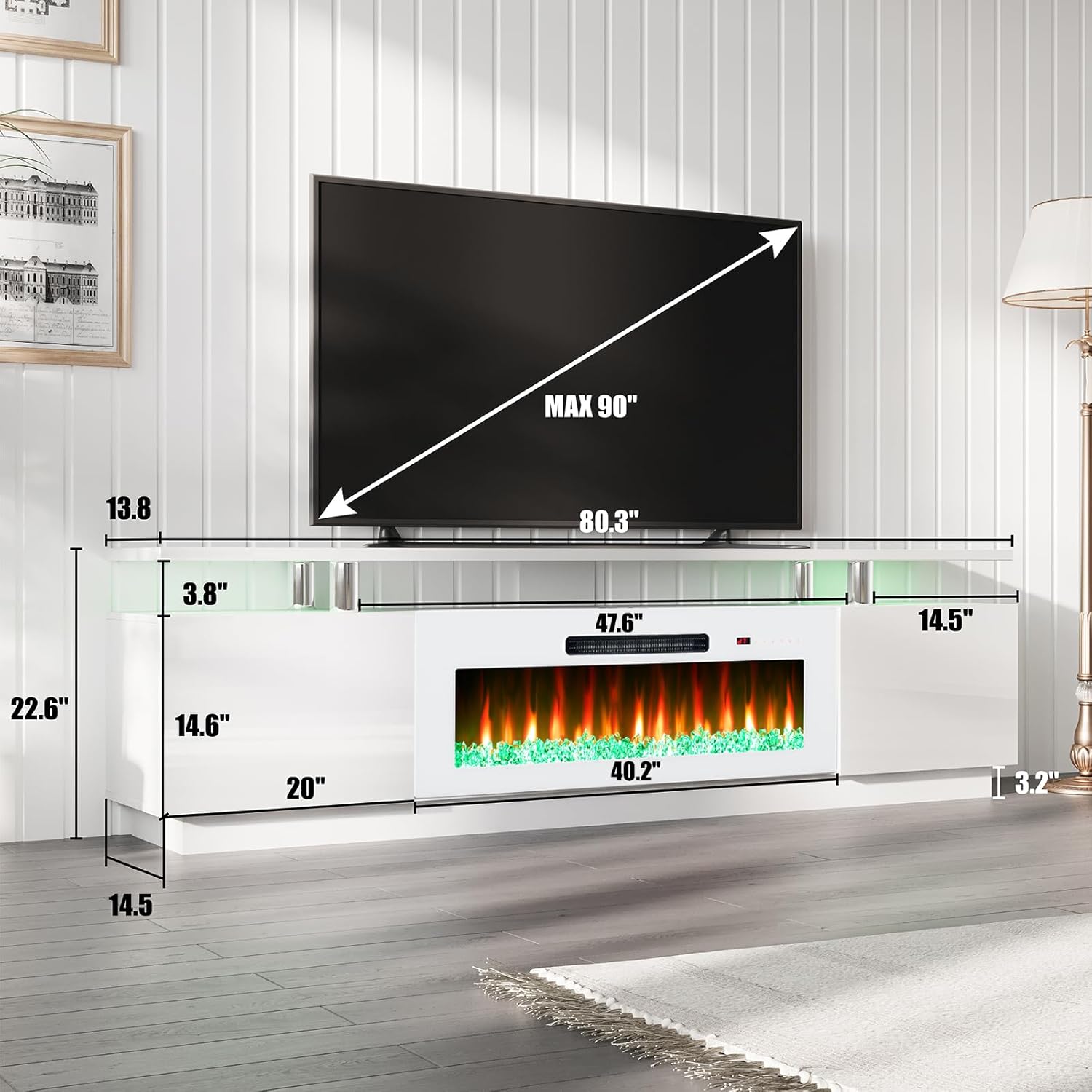 Soporte de TV con chimenea de 40 pulgadas, centro de entretenimiento con chimenea moderna de 80 pulgadas con luces LED, gabinete de consola de TV de 2 niveles para televisores de hasta 90
